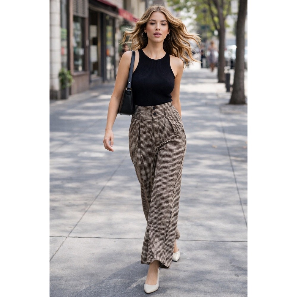 Cider Houndstooth Wide Leg Trousers Women 0XL Brown New High Waist Pleated Pants